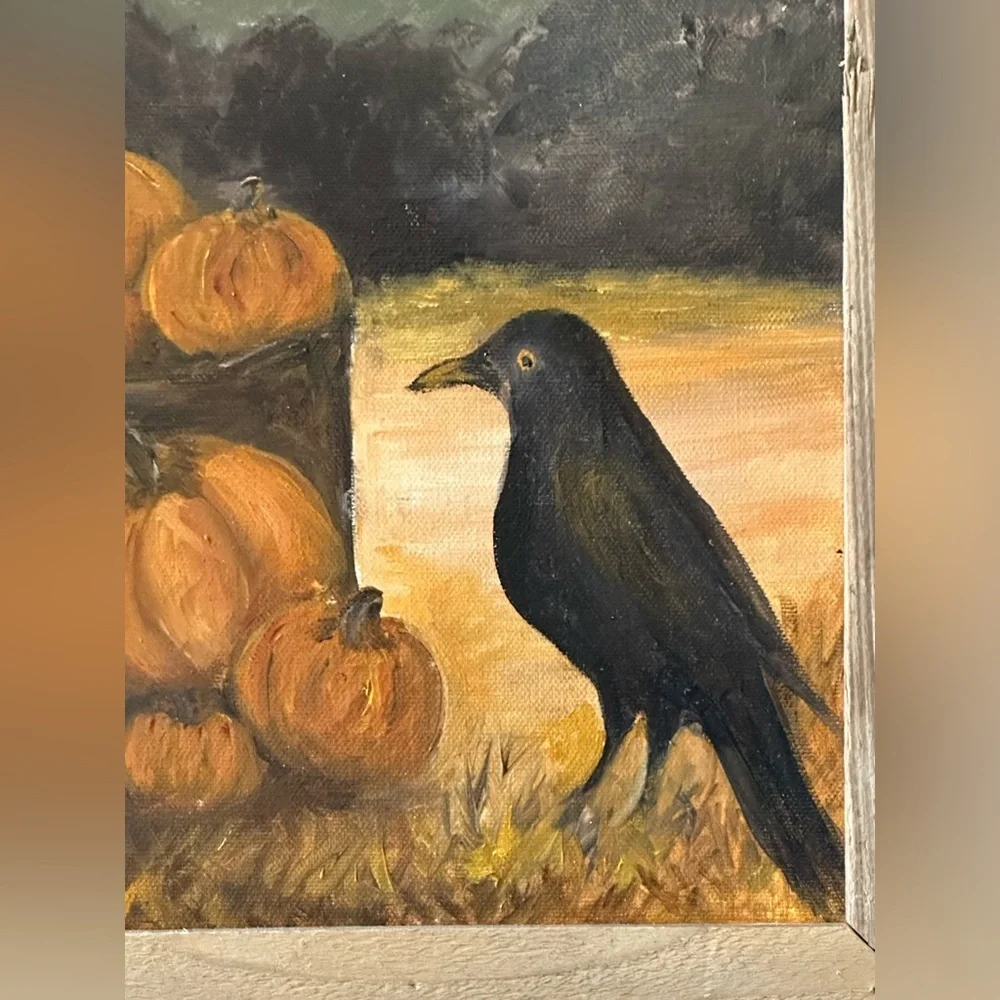 OIL PAINTING Harvest Moon Crow And Pumpkin Art Reclaimed Barn-wood Holiday Fall - Picture 3 of 10